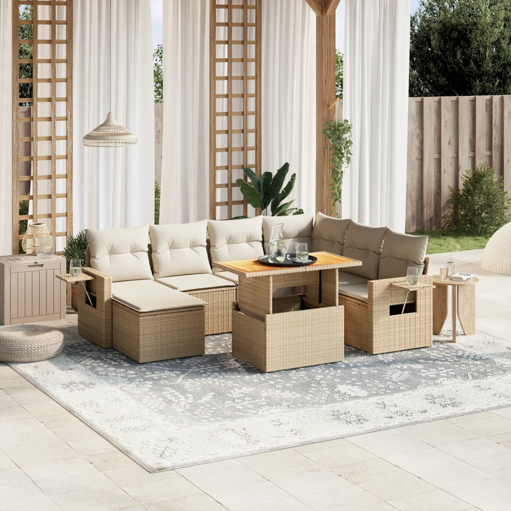 8-tlg. Garten-Sofagarnitur mit Kissen Beige Poly Rattan